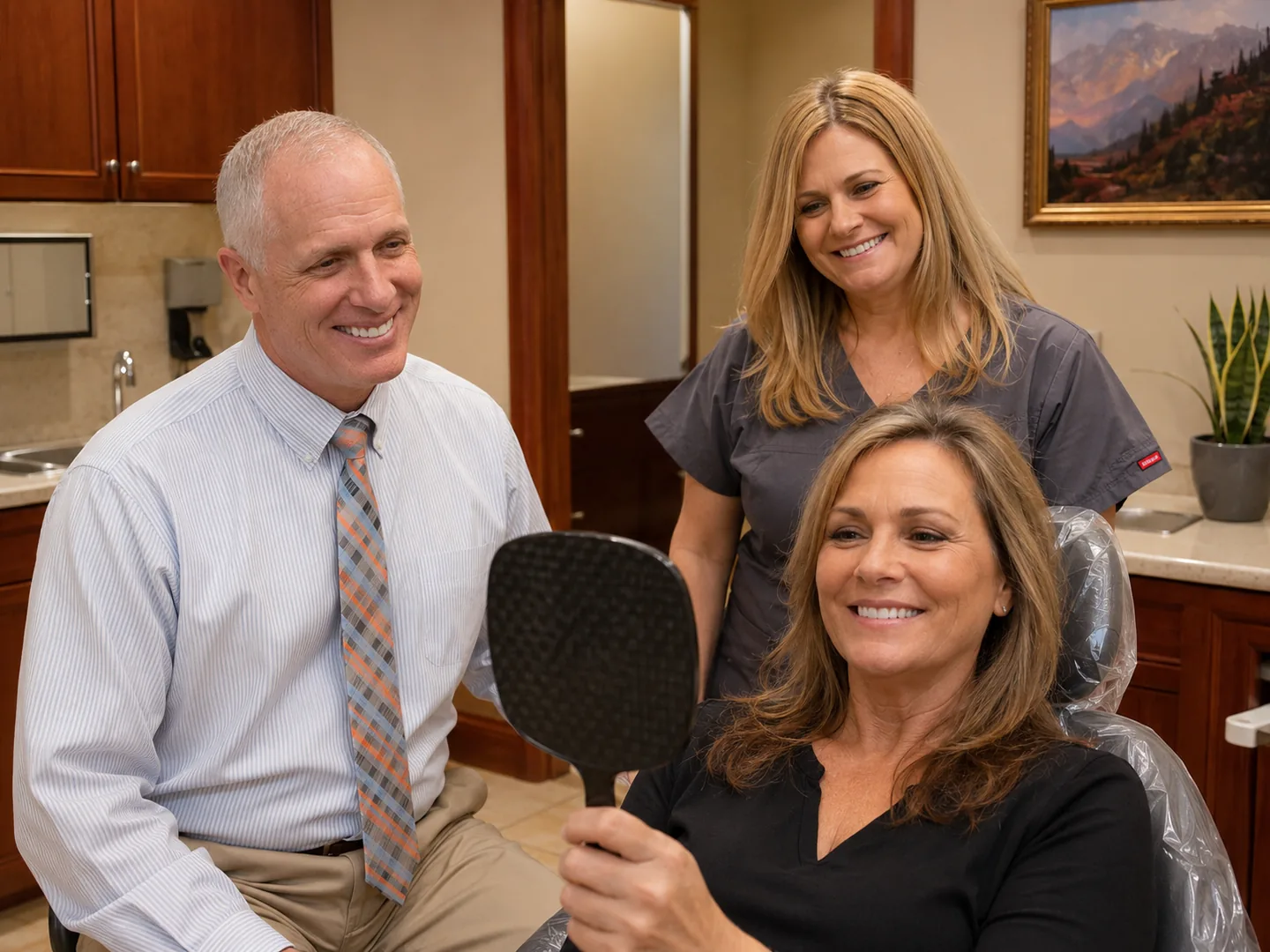Patient at Christensen Prosthodontics in Orem, Utah checking her smile in a handheld mirror with the dental team nearby