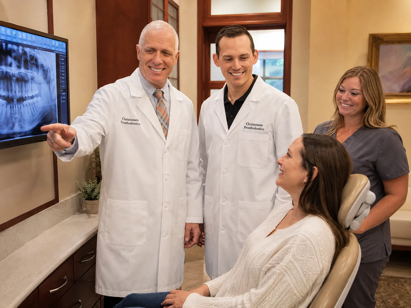 Christensen Prosthodontics team in Orem, Utah reviewing a dental X-ray with a patient during a prosthodontic consultation