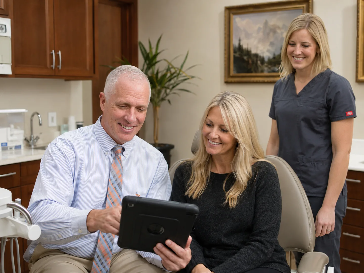 Christensen Prosthodontics doctor in Orem, Utah reviewing a digital treatment plan with a seated patient and team member