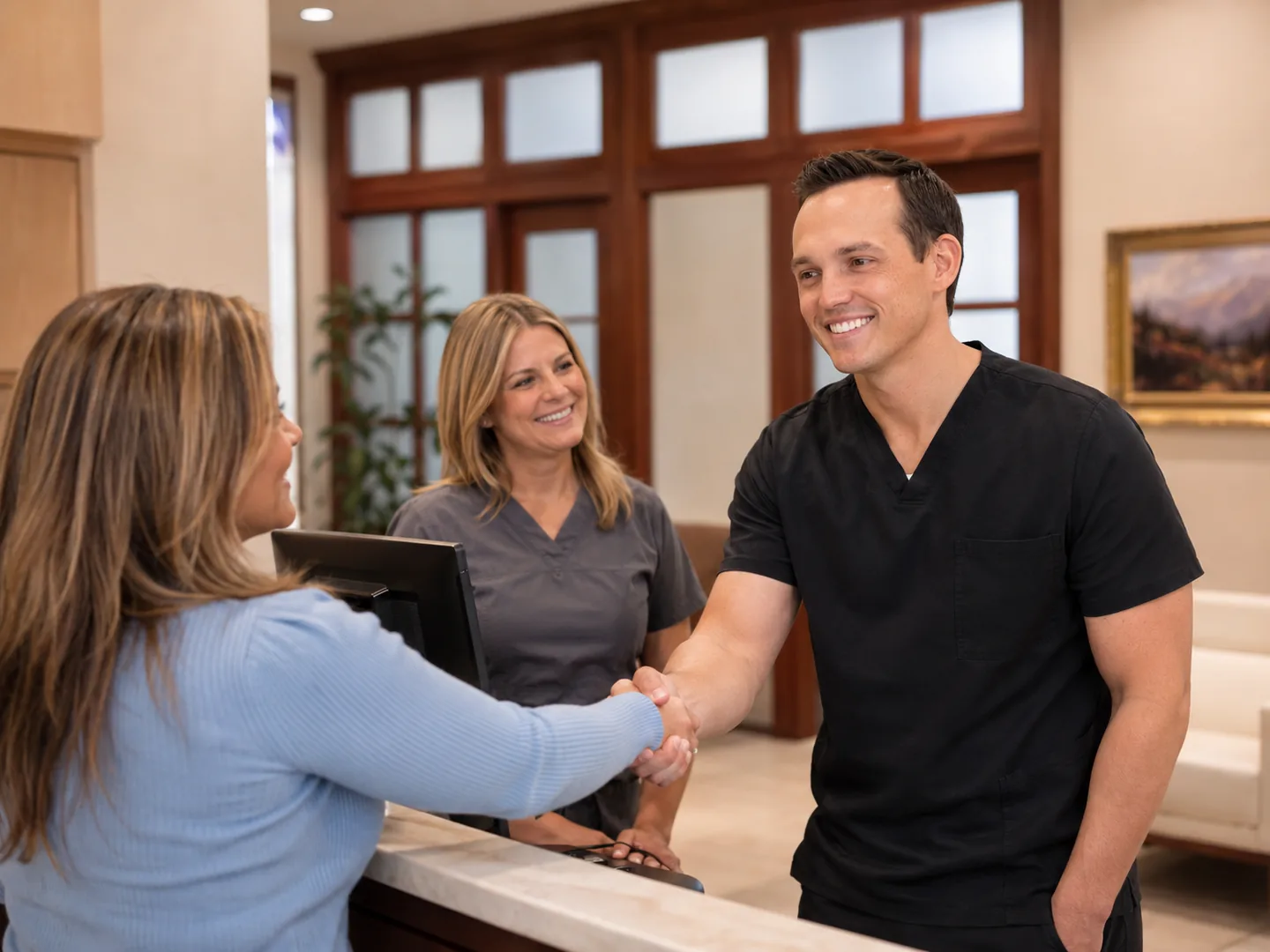 Christensen Prosthodontics doctor greeting a patient at the front desk with a care team member present in Orem Utah