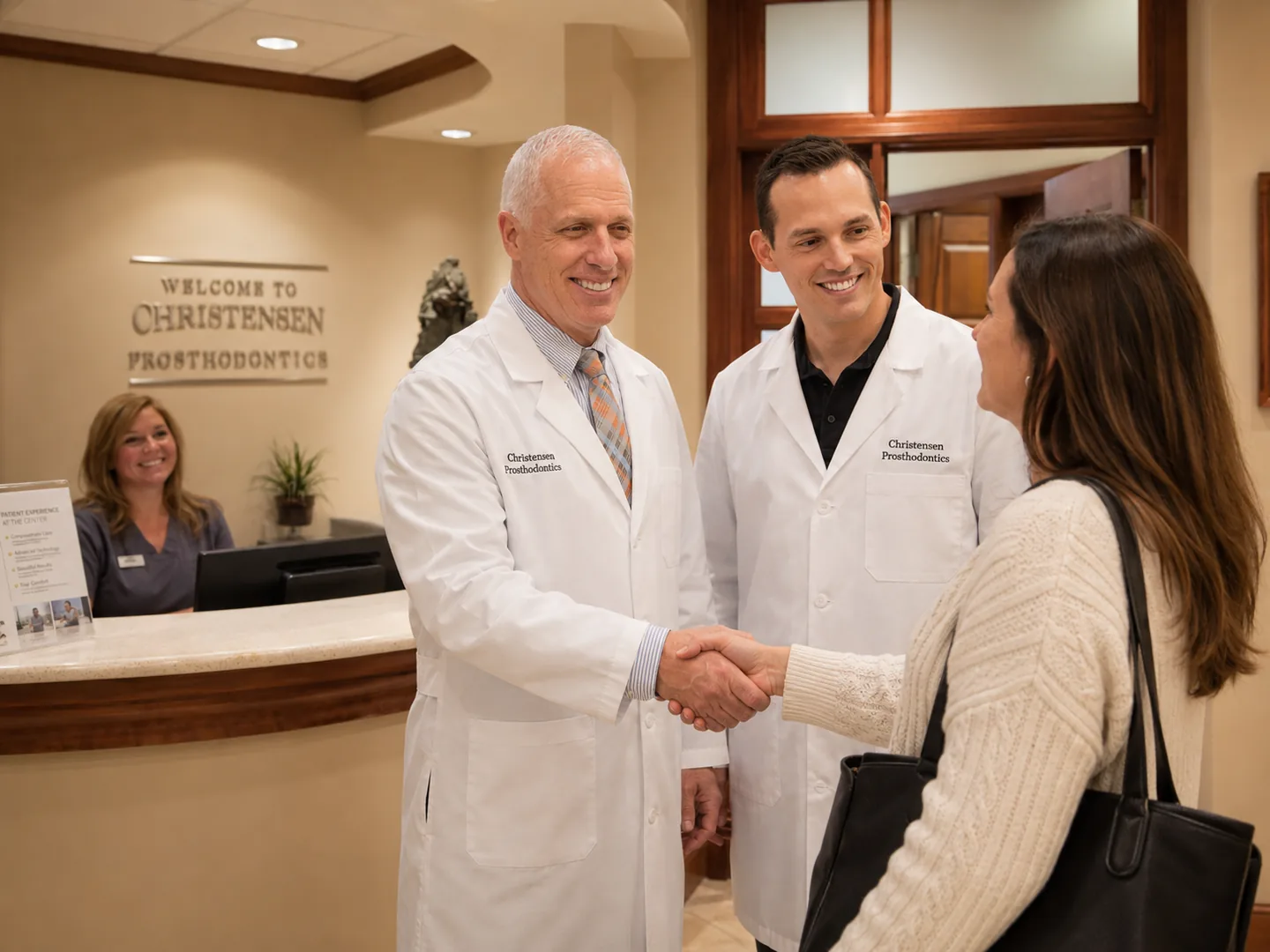 Christensen Prosthodontics doctor welcoming a new patient at the Orem Utah dental office front desk