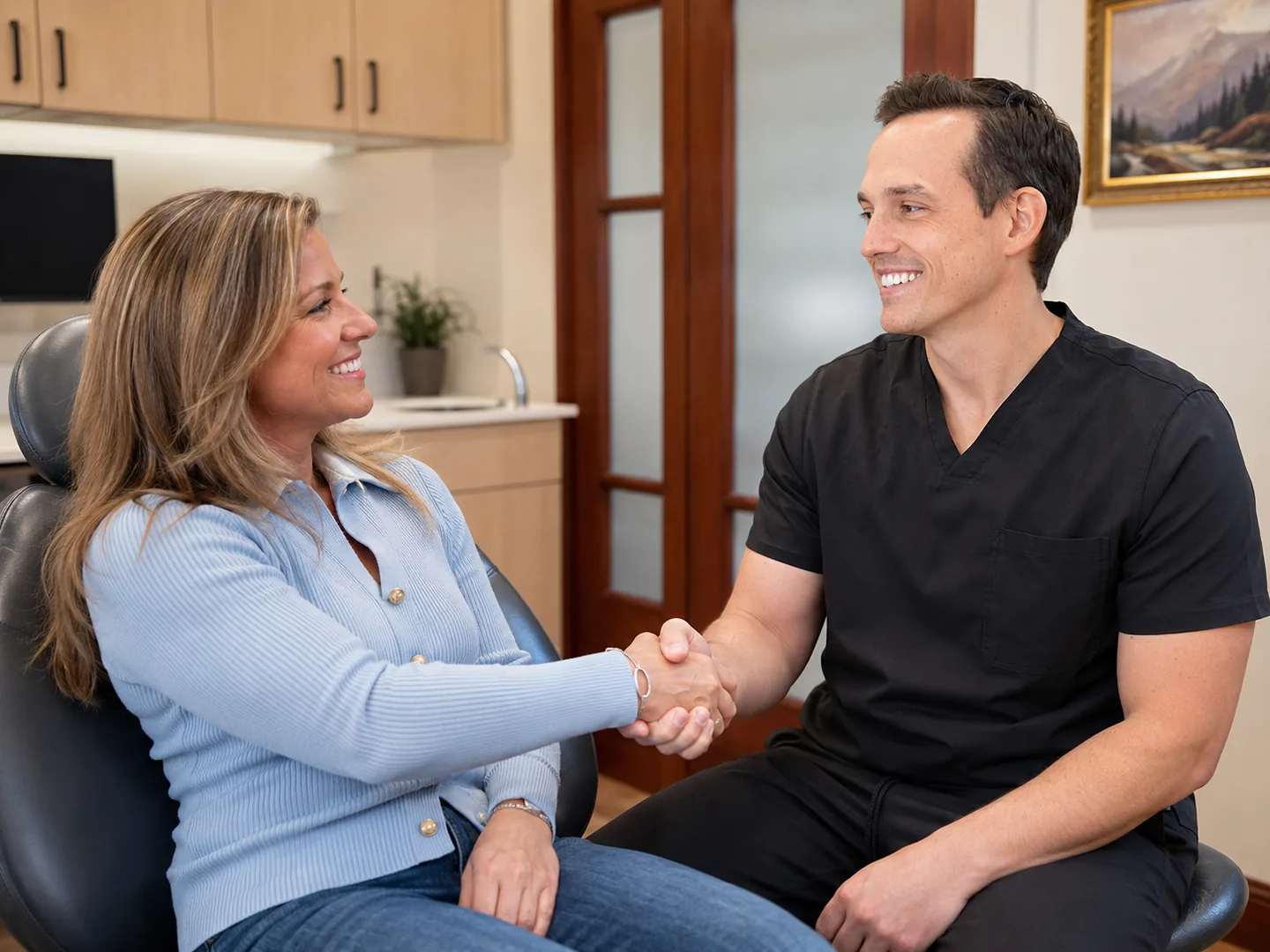 Christensen Prosthodontics doctor shaking hands with a patient after a smile restoration consultation in Orem Utah