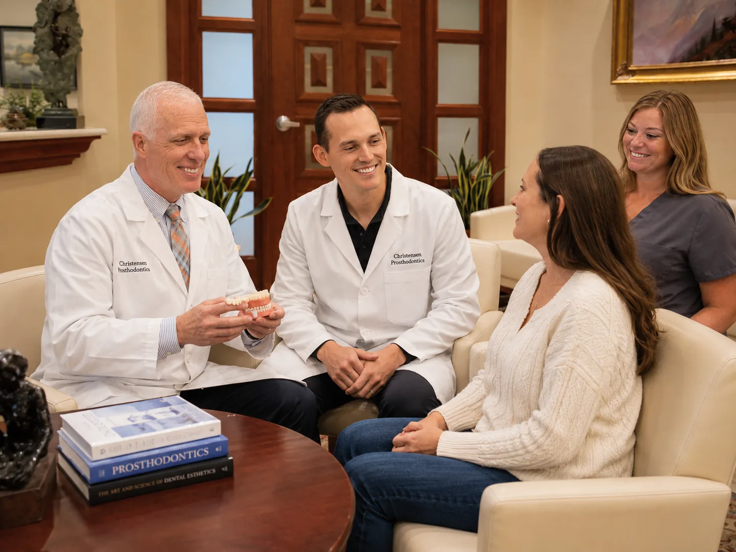 Christensen Prosthodontics providers in Orem, Utah discussing treatment options with a patient using a dental model