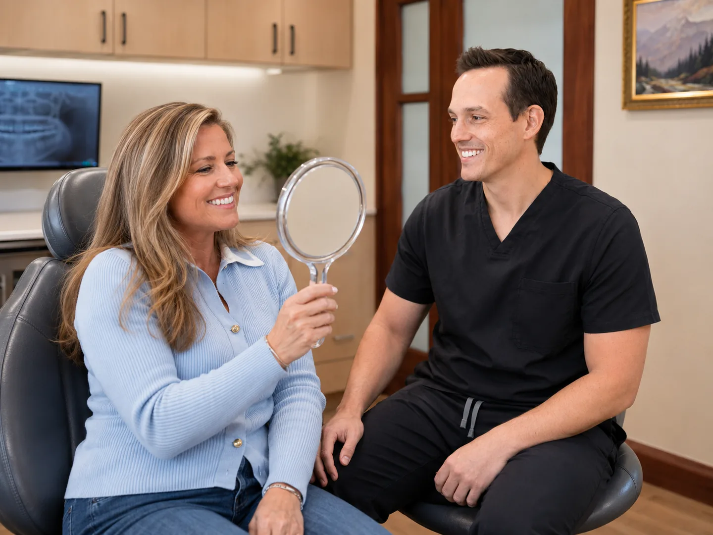 Patient holding a mirror with Christensen Prosthodontics clinicians during a prosthodontic smile exam in Orem Utah