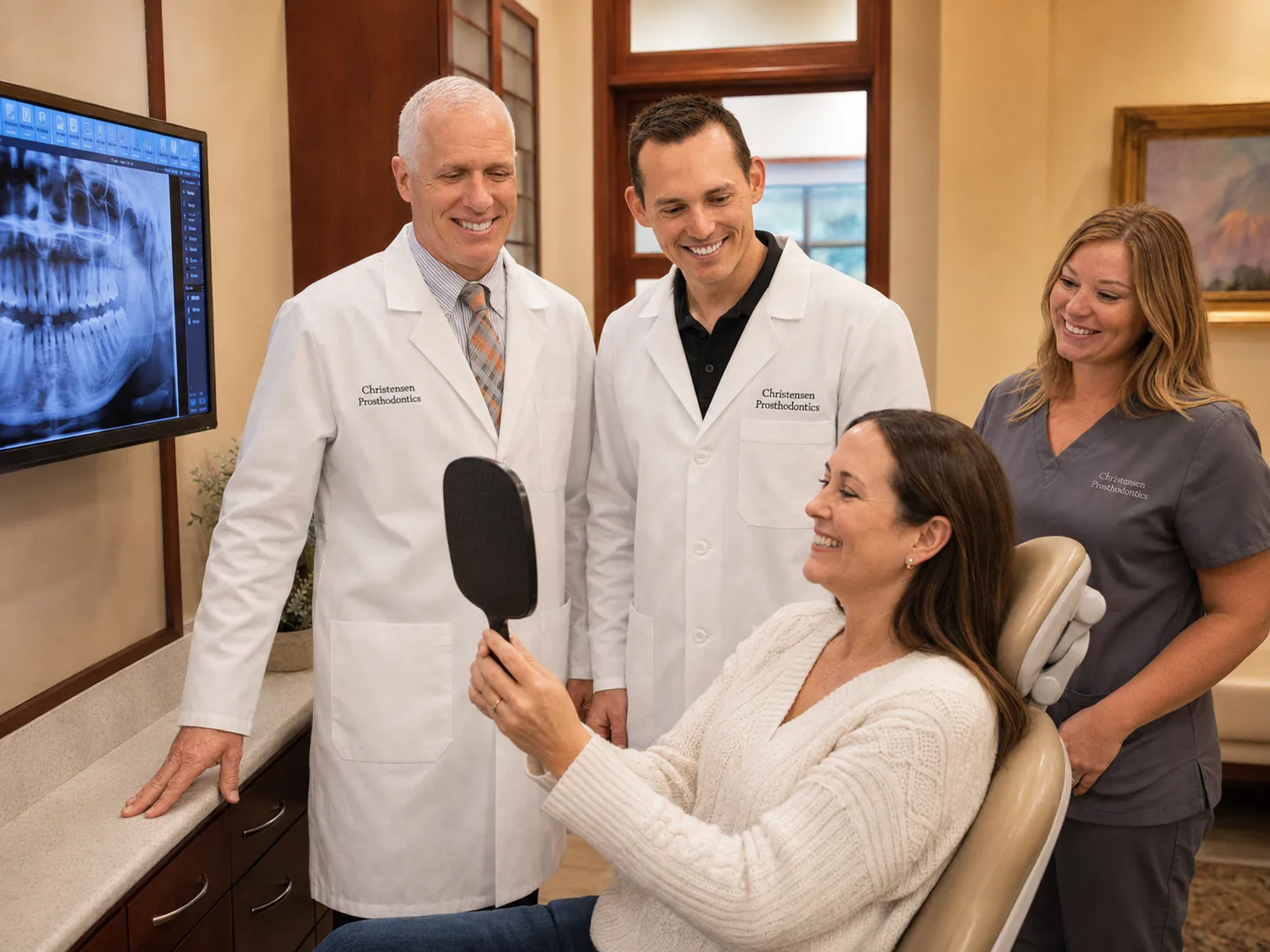 Christensen Prosthodontics team in Orem, Utah helping a patient review her smile in a mirror after dental treatment